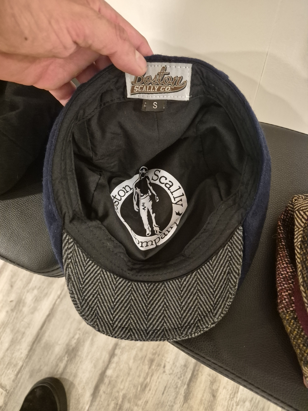 Boston Scally Co. Men's Navy Flat Cap with Gray Herringbone Brim